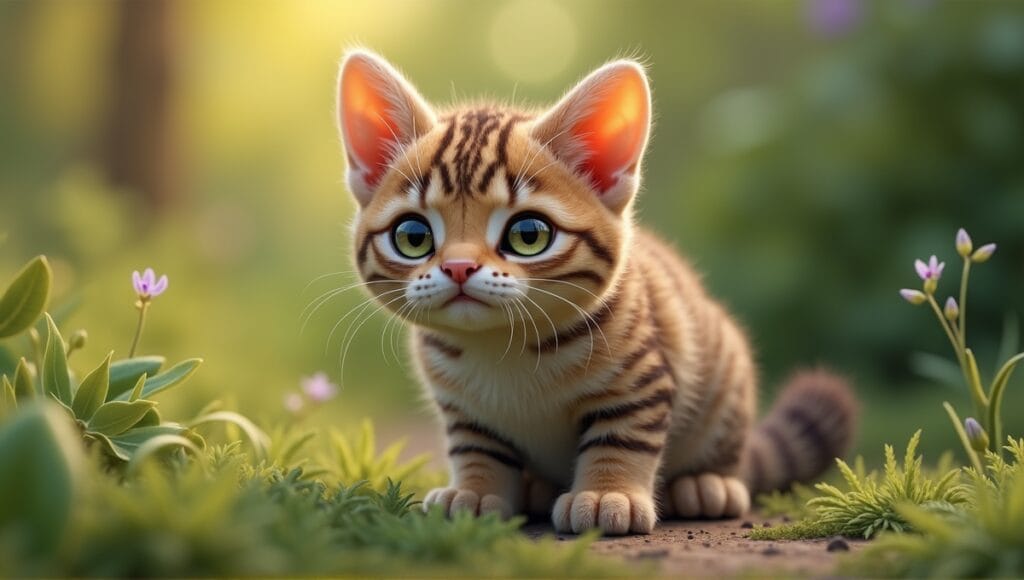 Pixie Bob cat with tufted ears and polydactyl paws in a lush natural setting.