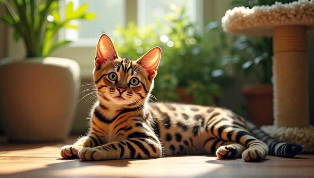 Exotic Bengal cat lounging in a sunlit room with lush greenery and a cat tree.