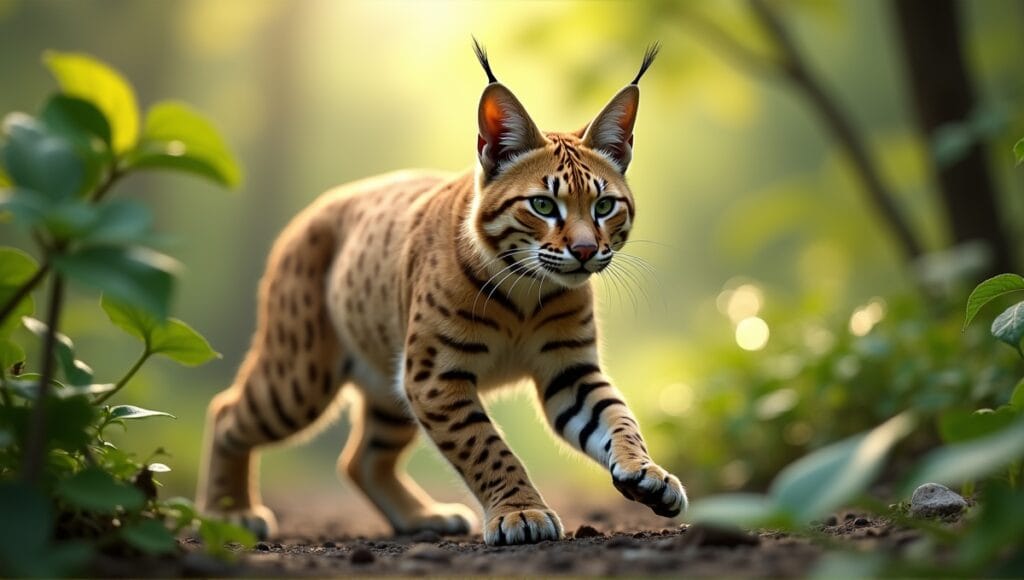 Bobcat hybrid displaying unique features and behaviors in a natural, green habitat.