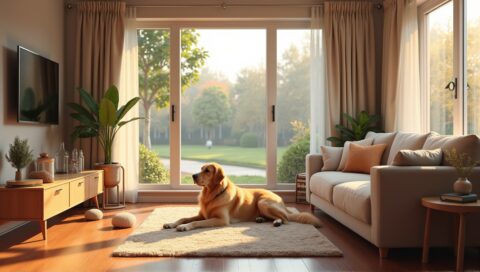 Spacious apartment interior designed for large dogs with cozy living room and playful golden retriever.