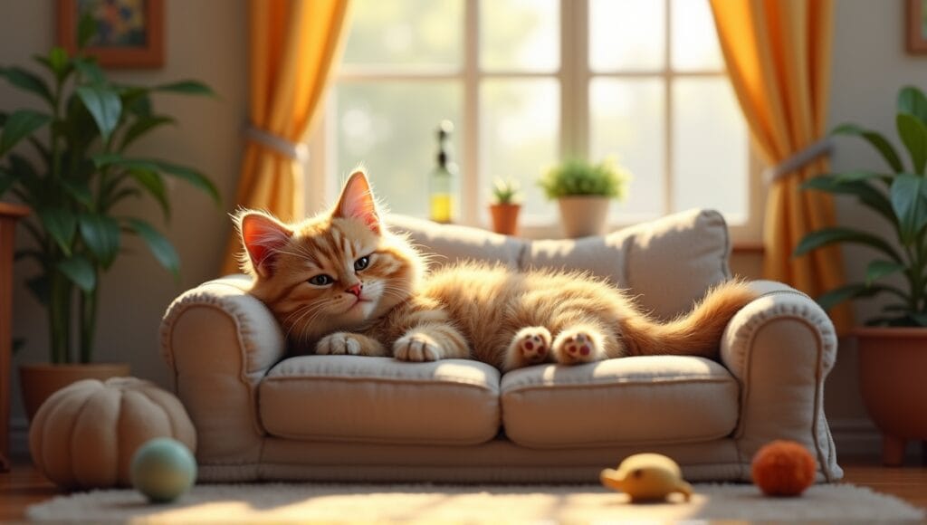 Pixie Bob cat lounging on a plush sofa in a cozy living room with plants.