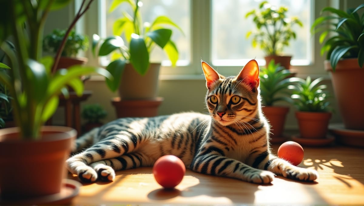 Exotic cat with unique patterns lounging among vibrant plants and playful toys.