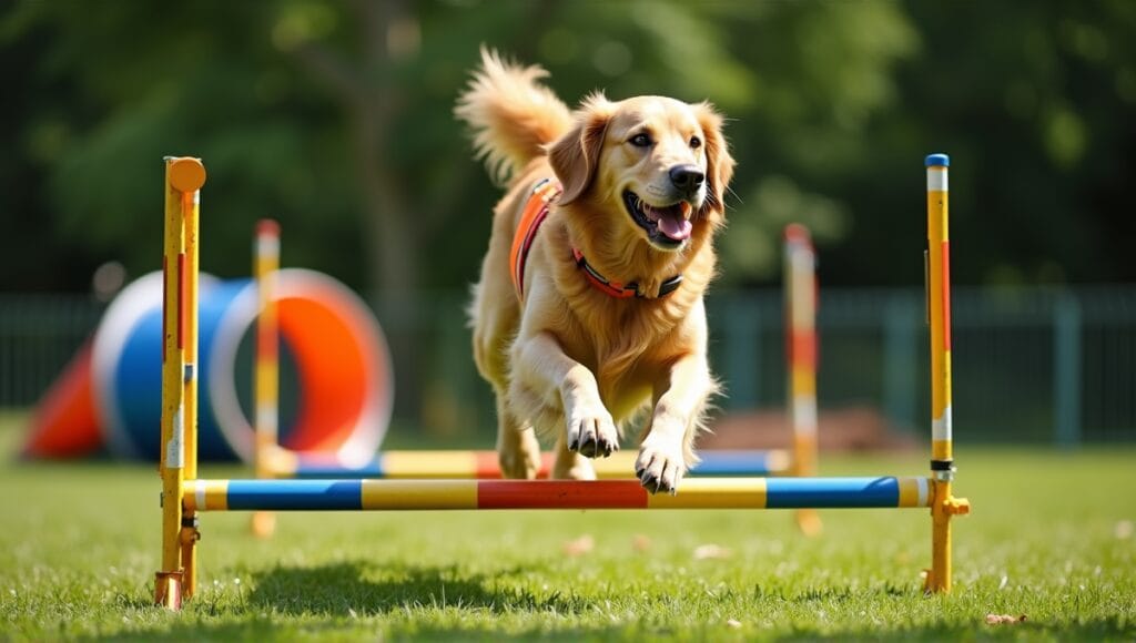 Large golden retriever enthusiastically navigating agility course with colorful obstacles in a grassy yard.