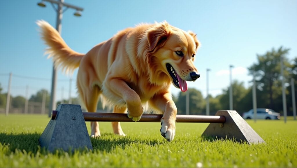 Golden retriever navigating a modified agility course on a sunny outdoor field.