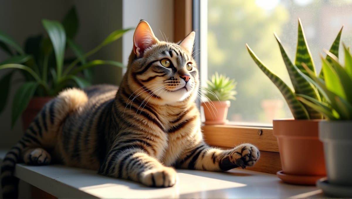 Muscular domestic cat relaxing on a sunlit windowsill amidst lush potted plants.