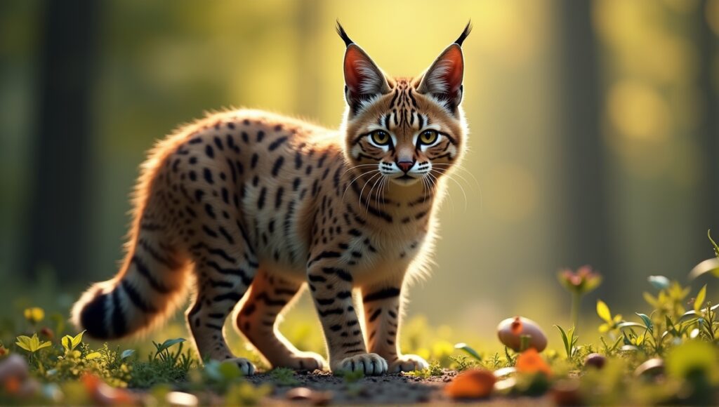 Bobcat hybrid with tufted ears and spotted fur, resting in a forest.