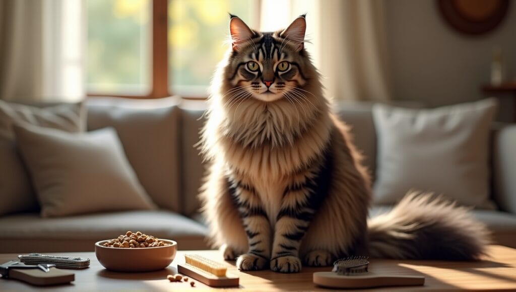 Norwegian Forest Cat with long fur and tufted ears, surrounded by grooming tools and food.