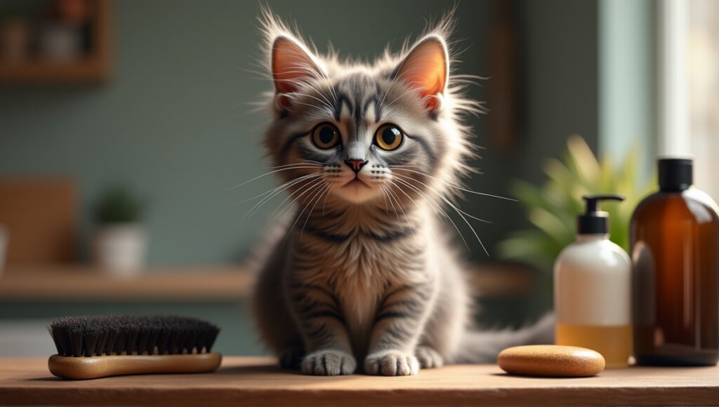 Lykoi cat sitting on a grooming table, surrounded by brushes and shampoos.