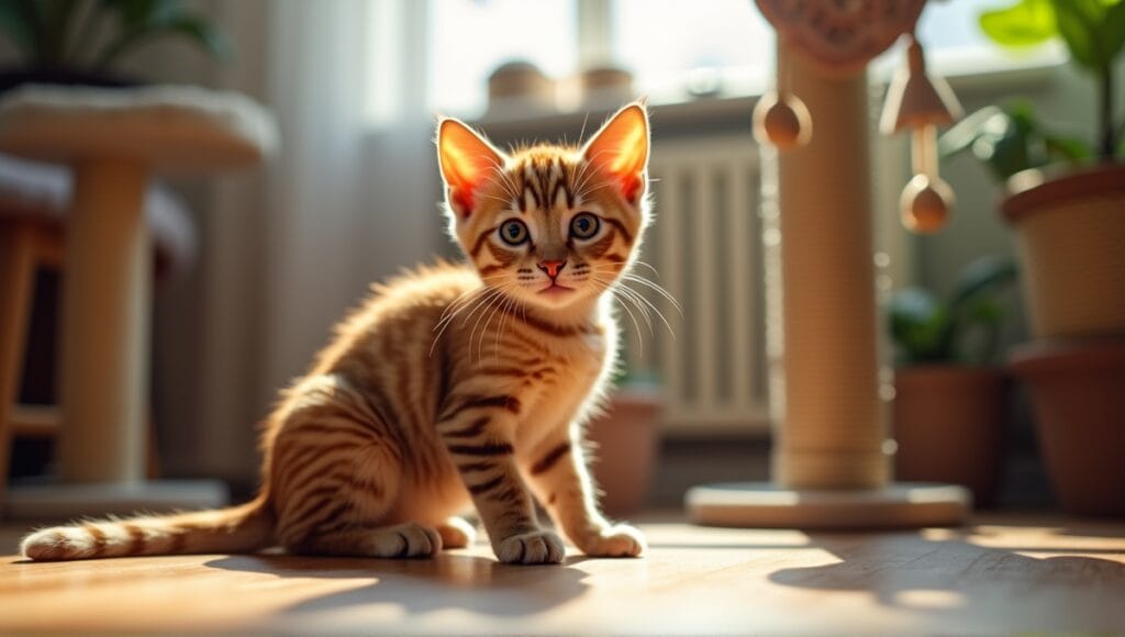 Abyssinian cat playing with toys in a cozy home, showcasing its playful nature.