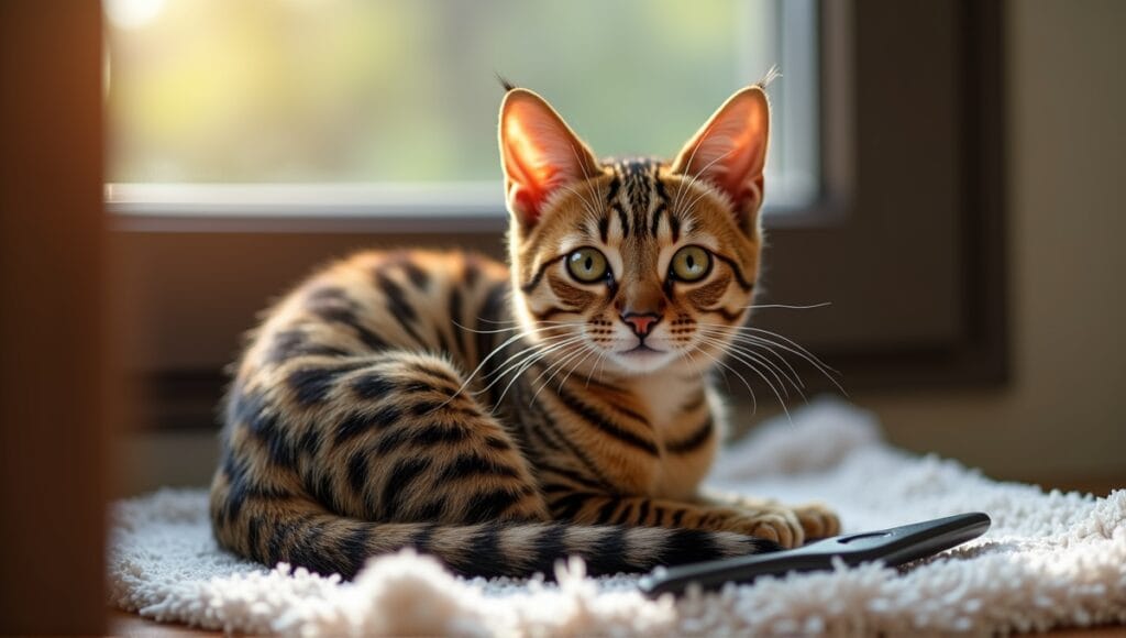 Exotic cat breed with striking fur patterns in a cozy grooming area.