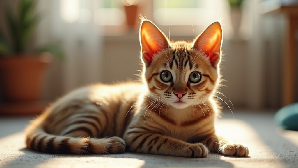 Pixie Bob cat reclining amidst cozy home elements, with tufted ears and muscular build.