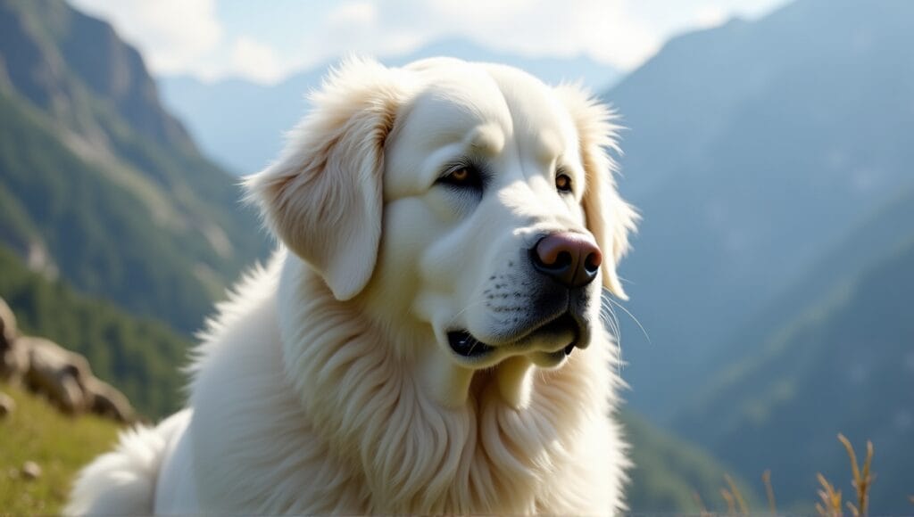 Majestic Great Pyrenees dog with fluffy white coat in serene mountain landscape.