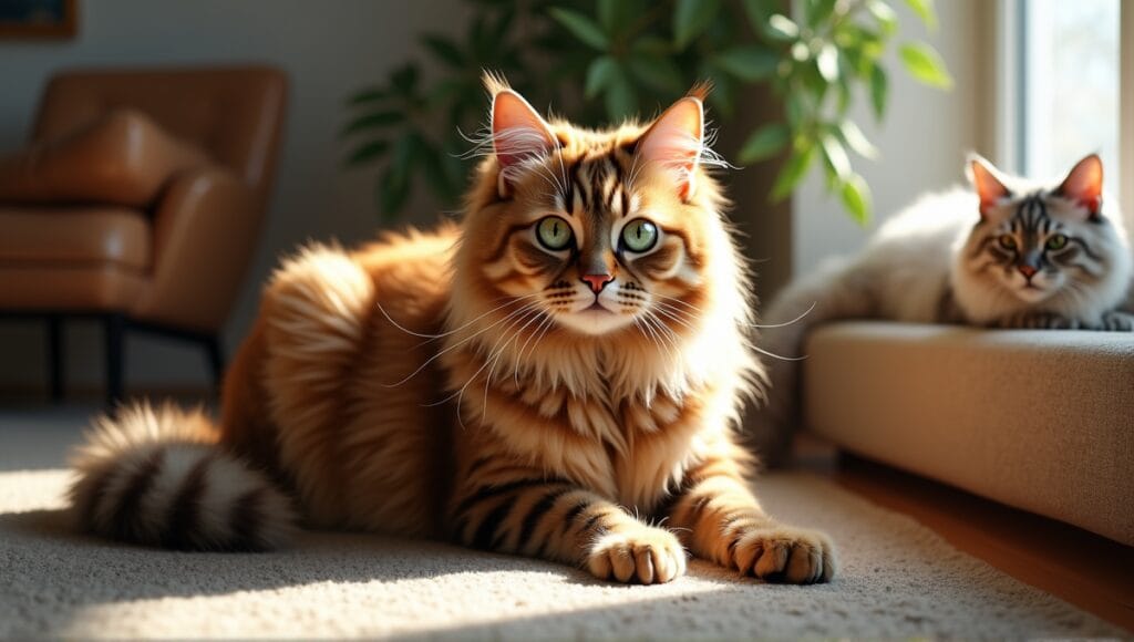 Maine Coon cat with green eyes, Savannah cat, and Ragdoll cat in cozy living room.