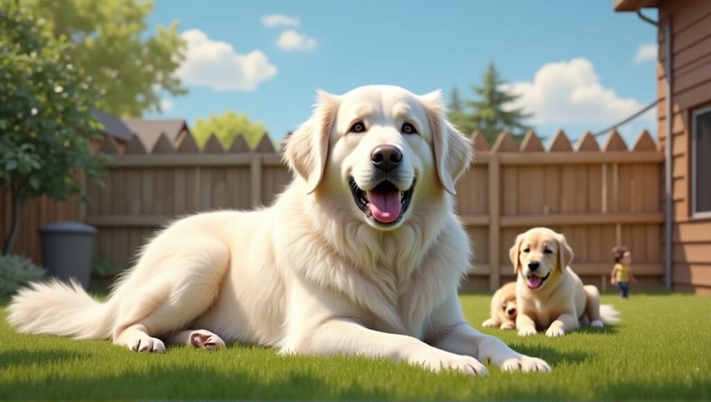 Great Pyrenees dog relaxing in backyard with children and pets, surrounded by green grass.