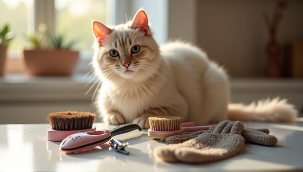 Specialized grooming tools for exotic cats, including brushes, gloves, and nail clippers.