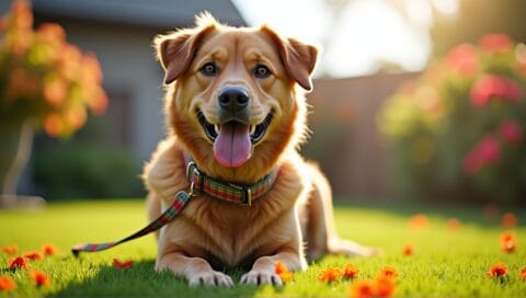 Large, healthy dog with shiny coat in sunny backyard, wearing colorful collar among flowers.