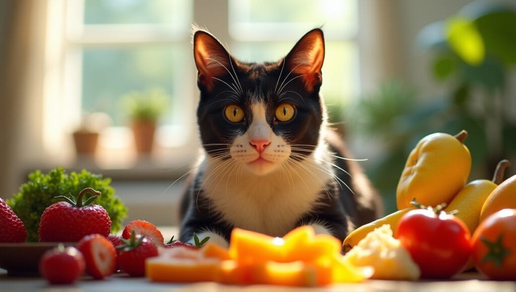 Exotic cat gazing at viewer, surrounded by various food items highlighting dietary imbalance.