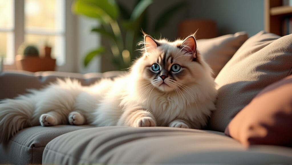 Persian cat with long fur and blue eyes lounging on a plush couch in cozy living room.