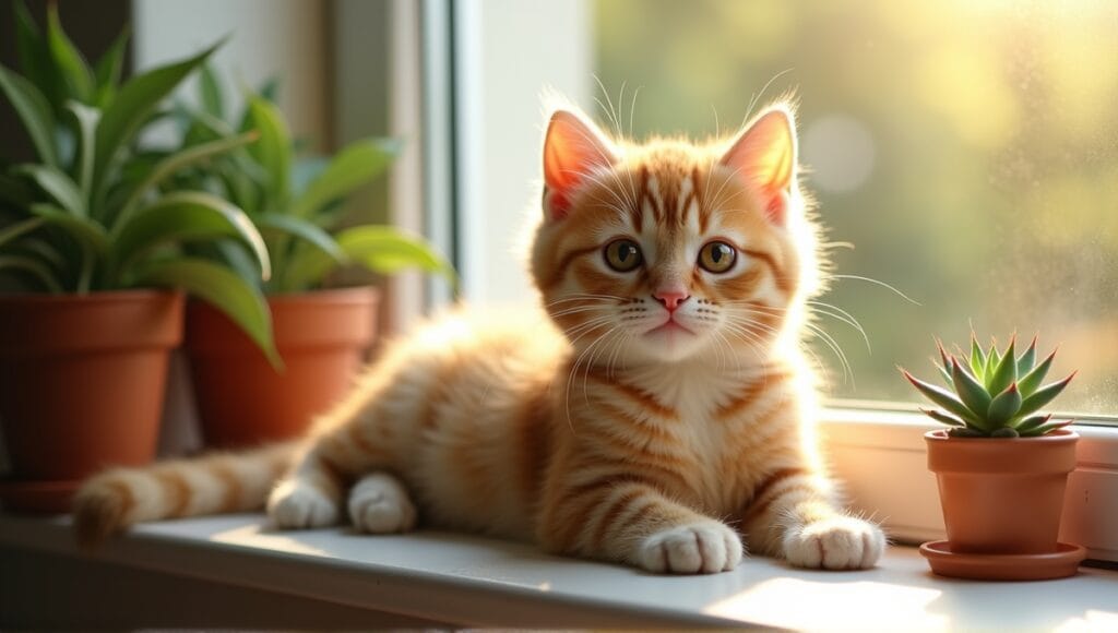 Playful Munchkin cat with short legs lounging on sunny windowsill surrounded by potted plants.