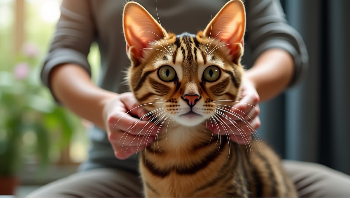 Exotic cat being groomed, highlighting its striking fur pattern and vibrant colors.