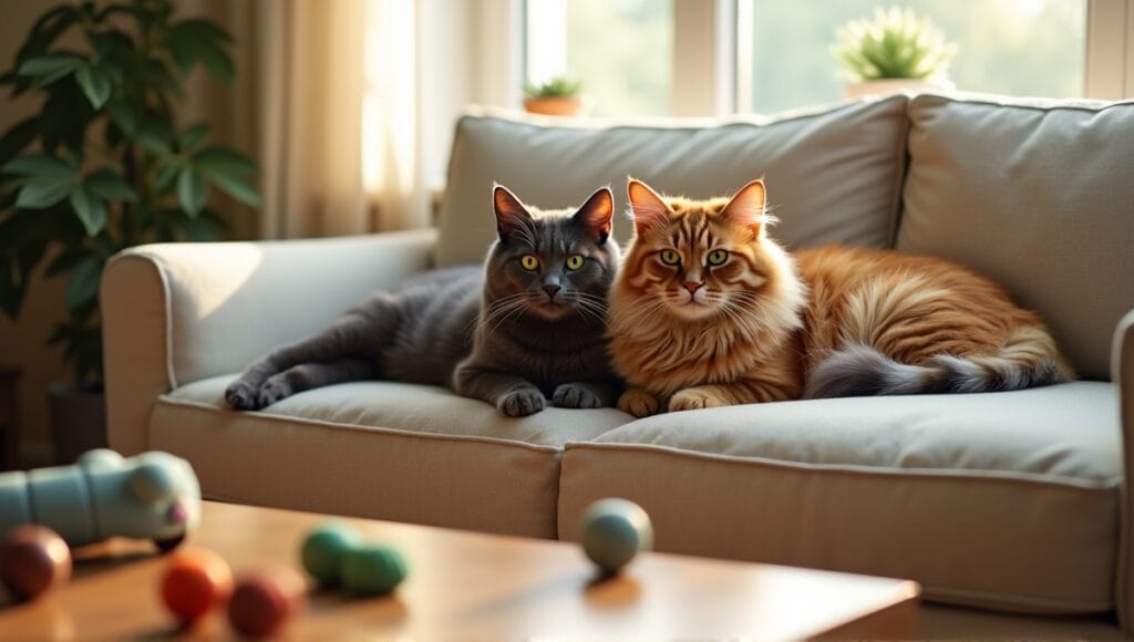Cozy living room with two lounging cats and scattered toys on a coffee table.