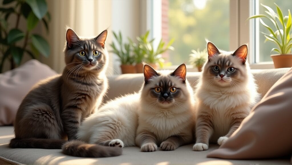Serene indoor scene with British Shorthair, Russian Blue, and Ragdoll cats lounging contentedly.