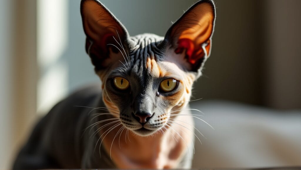 Portrait of a Lykoi cat with a partially hairless coat and wolf-like features.