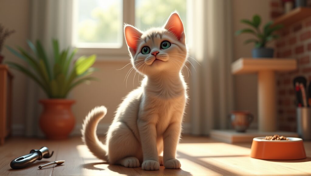 Pixie Bob cat with short bobtail and tufted ears in a cozy living room.