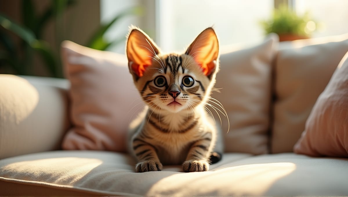 Playful pixie bob cat with short legs on a plush couch in a cozy living room.