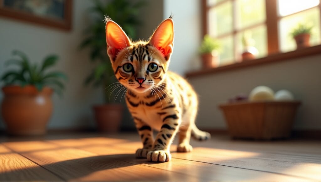 Portrait of a Savannah cat with spotted fur and large ears in a sunlit room.