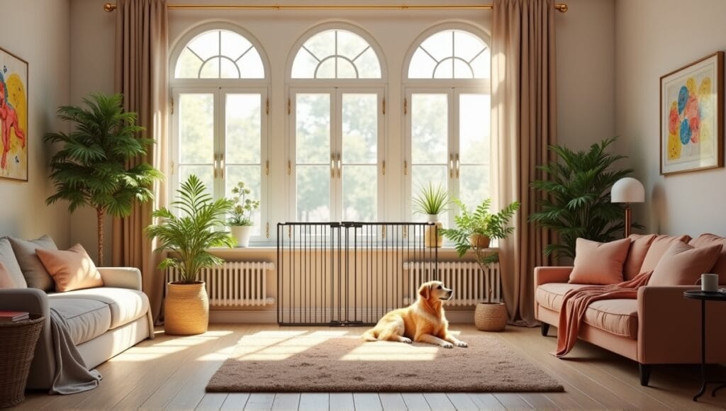 Cozy apartment interior with large dog bed, toys, and dog-proof furniture arrangements.
