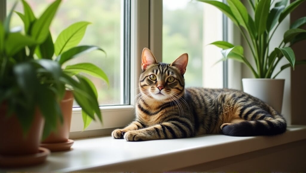 Content tabby cat lounging on a cozy windowsill surrounded by lush indoor plants.
