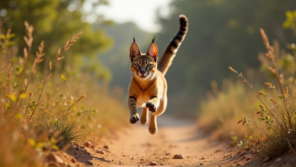 Caracal cat mid-leap in African savanna, showcasing its tufted ears and sleek fur.